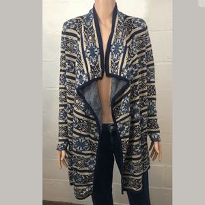 Lucky Brand Scarf Pattern Cardigan Blue Tan Open